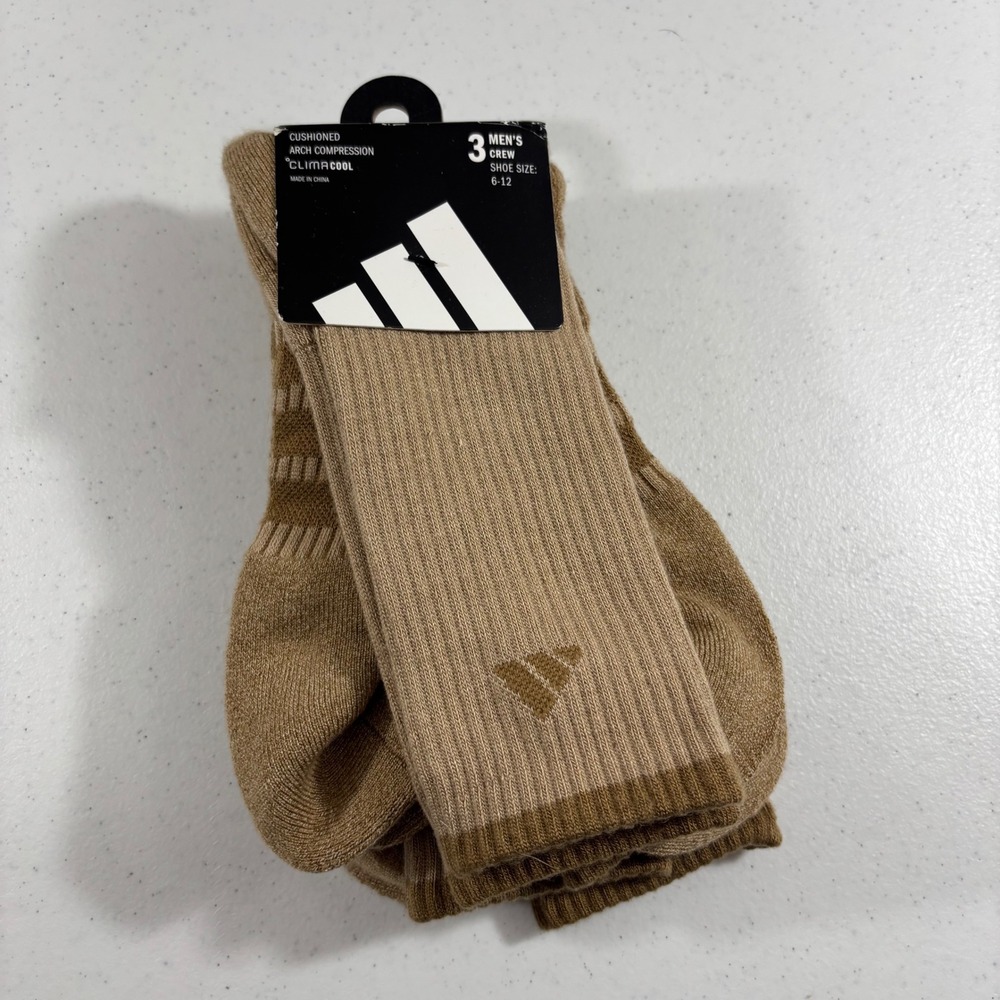 Adidas Mens Crew Socks 3 Pair ClimaCool Beige Sandstone 5160382A Size 6-12